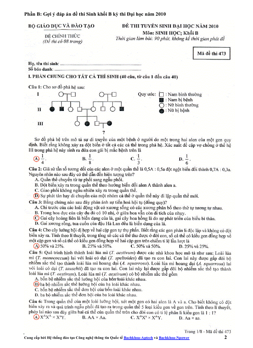 Đáp án môn sinh khối b thi đh 2010