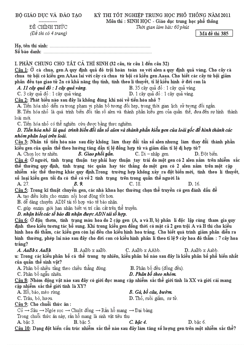 image for page Đề đáp án đề thi tn thpt sinh học 12 2011