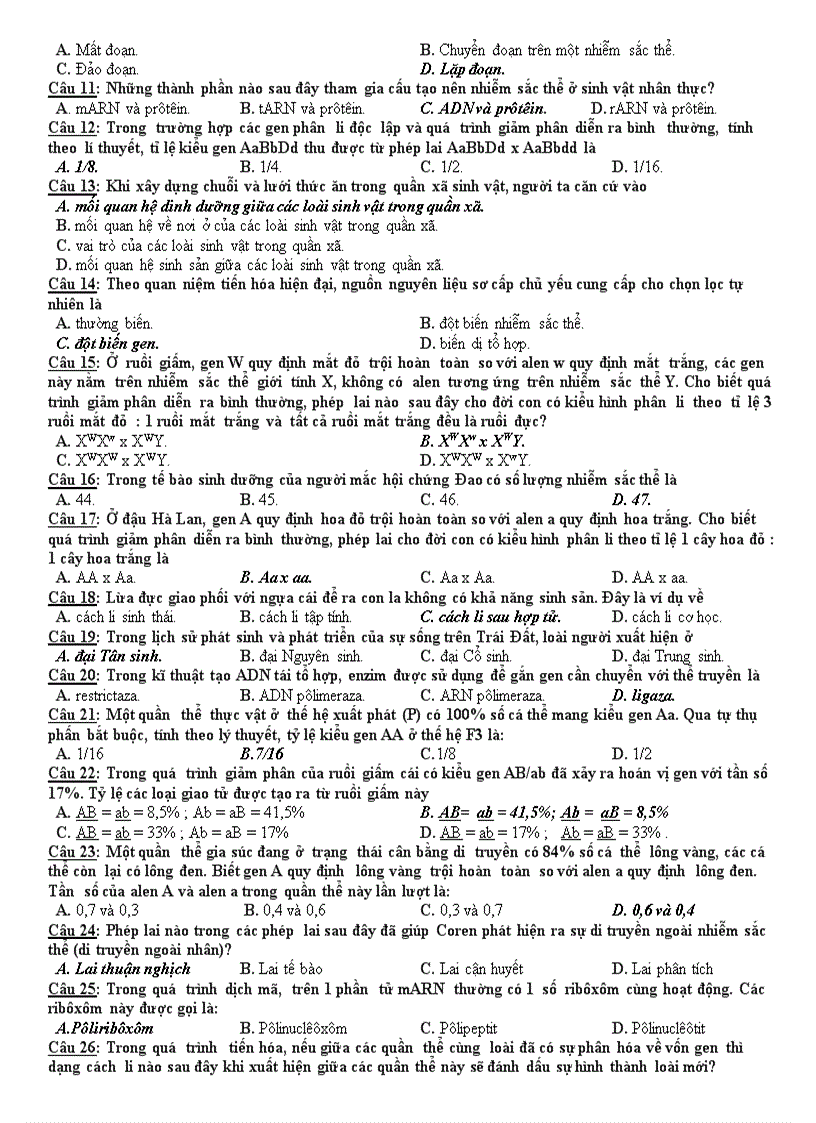 image for page Đề đáp án đề thi tn thpt sinh học 12 2011