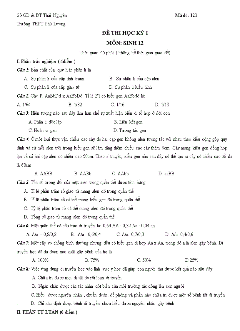 image for page Đề kiểm tra học kì I sinh 12