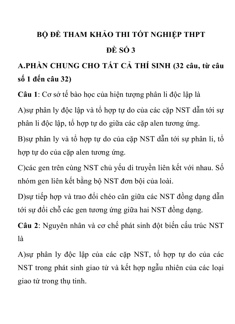 Đề thi tnthpt tham khảo môn sinh đề 3