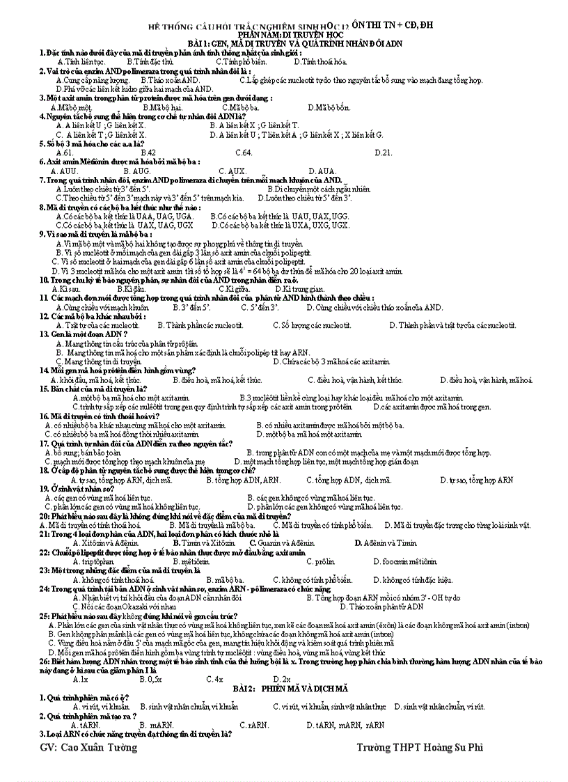 image for page Hệ thống câu hỏi trắc nghiệm sh12 ôn tn cđ đh