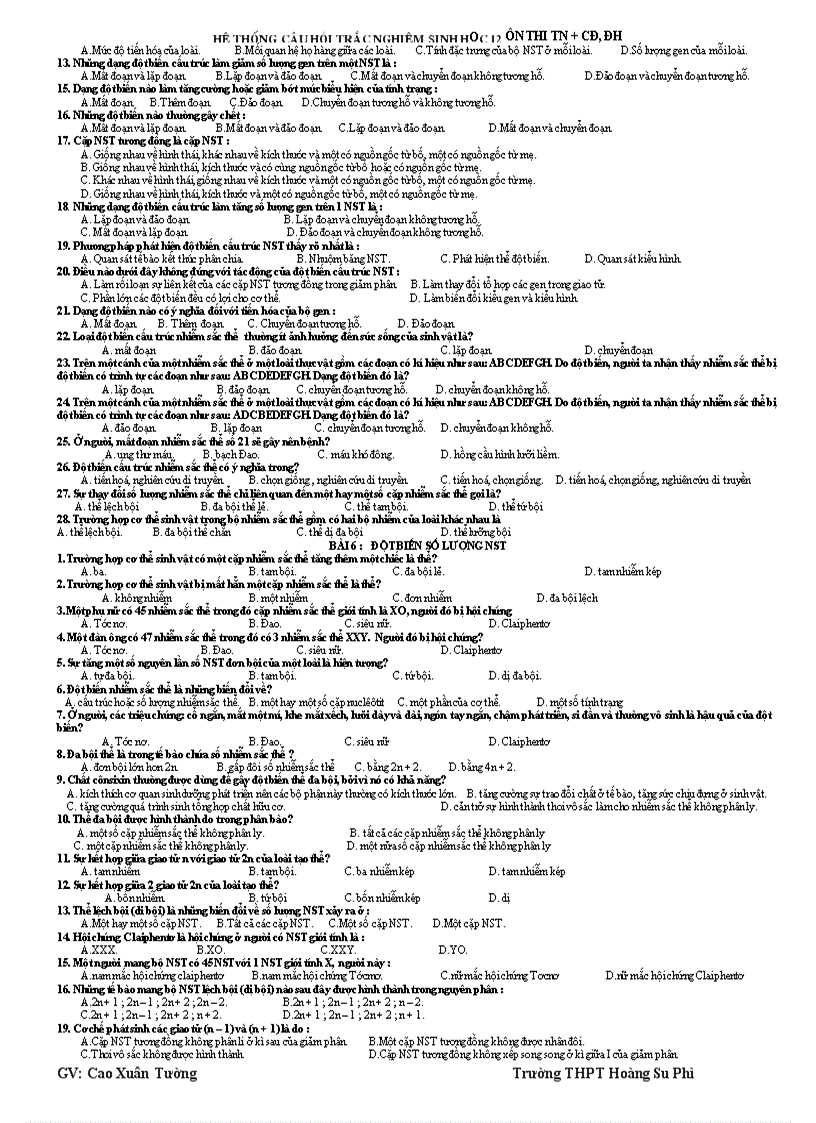 image for page Hệ thống câu hỏi trắc nghiệm sh12 ôn tn cđ đh