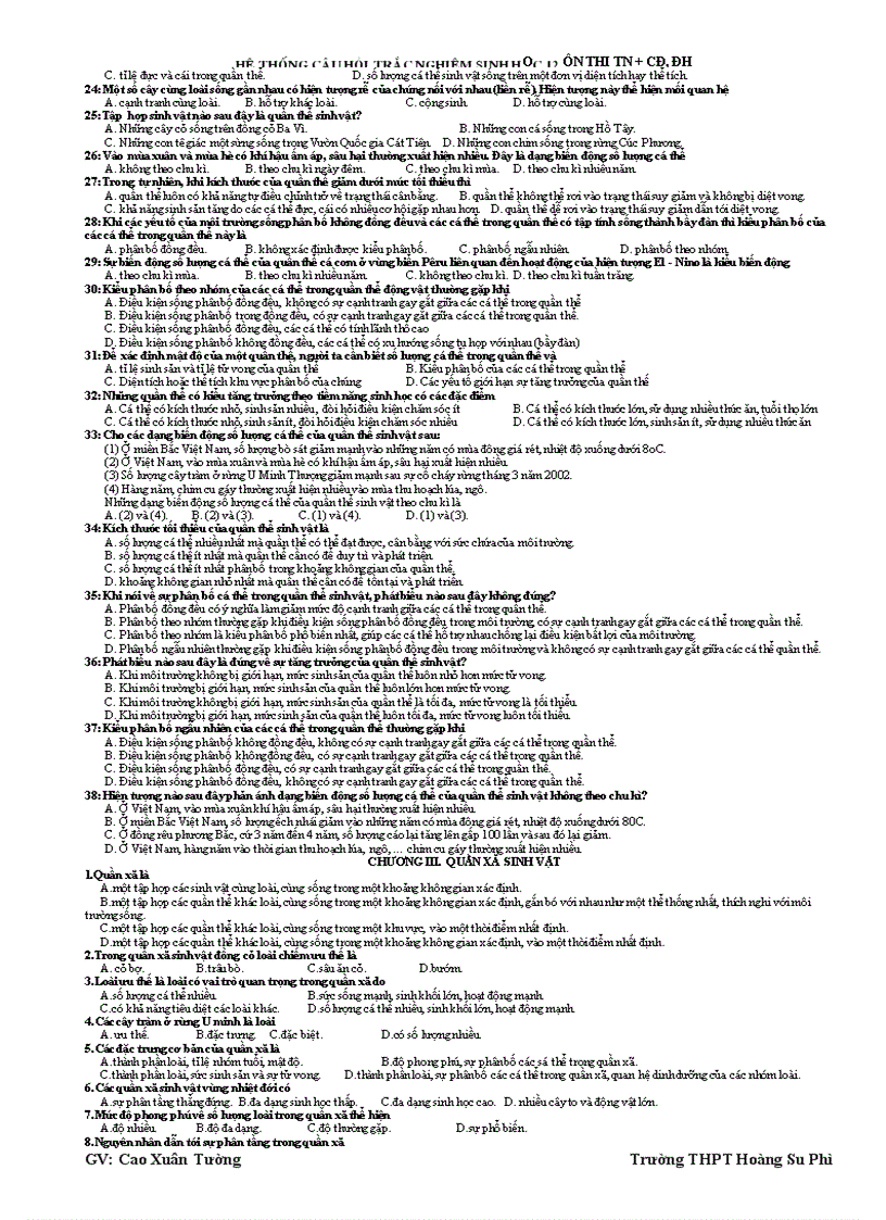 image for page Hệ thống câu hỏi trắc nghiệm sh12 ôn tn cđ đh