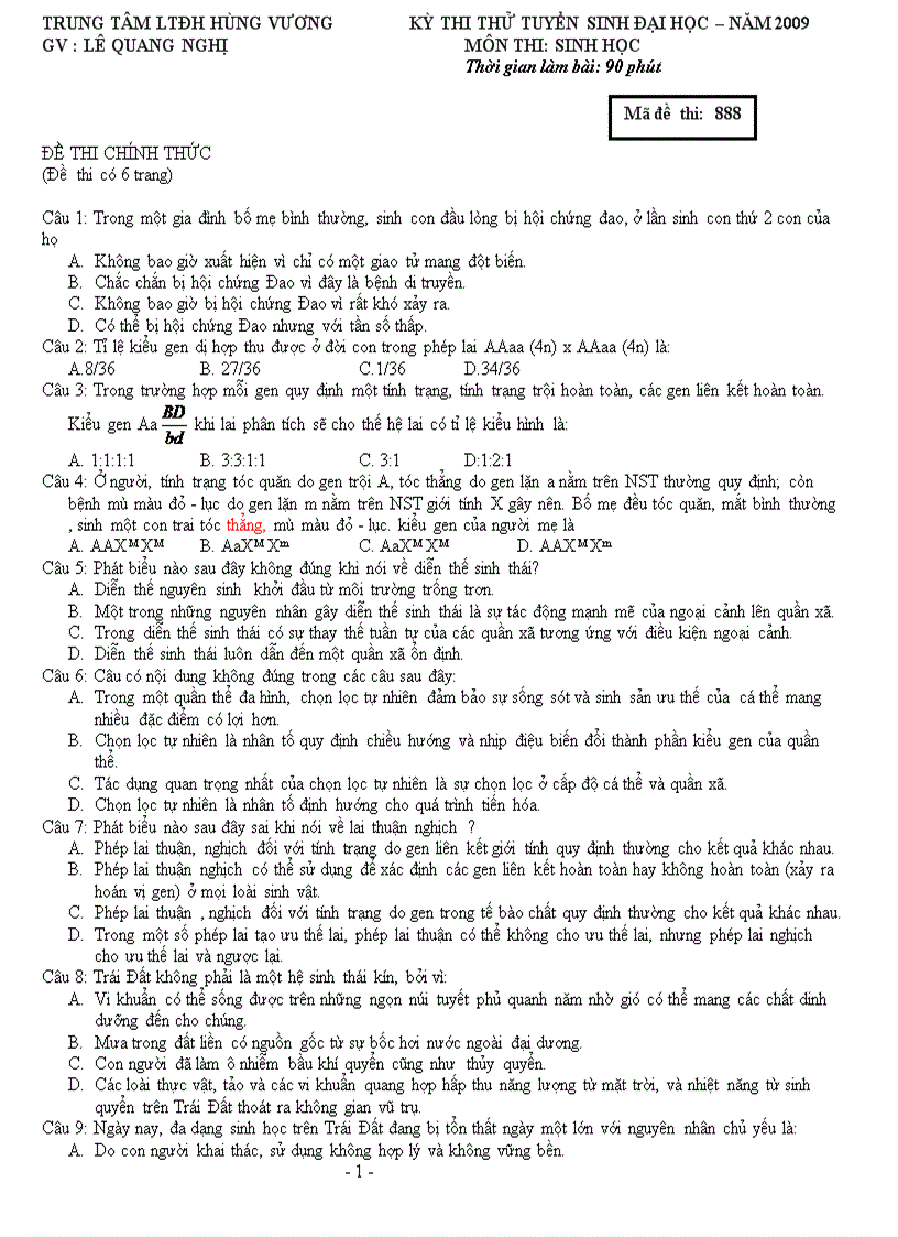 image for page Thi thu DH mon Sinh 2009 D1