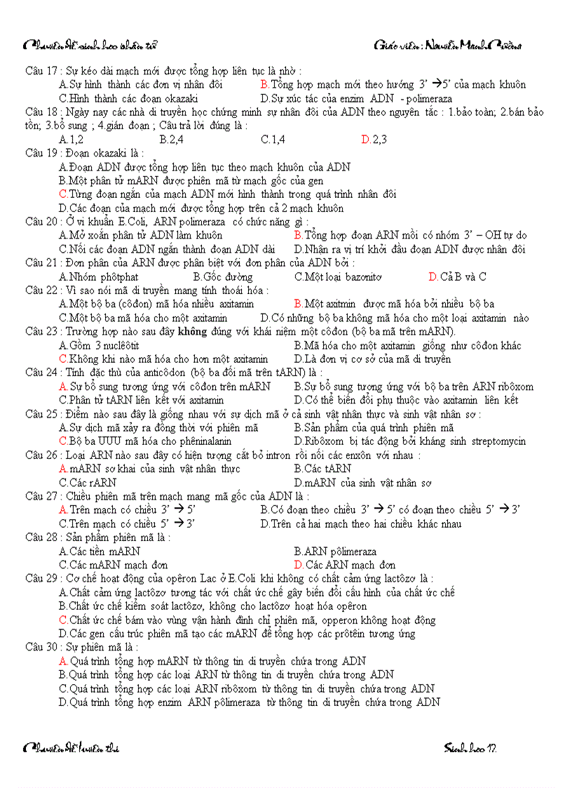 image for page Trắc nghiệm sinh 12 cơ bản chọn lọc bài 1 2 3