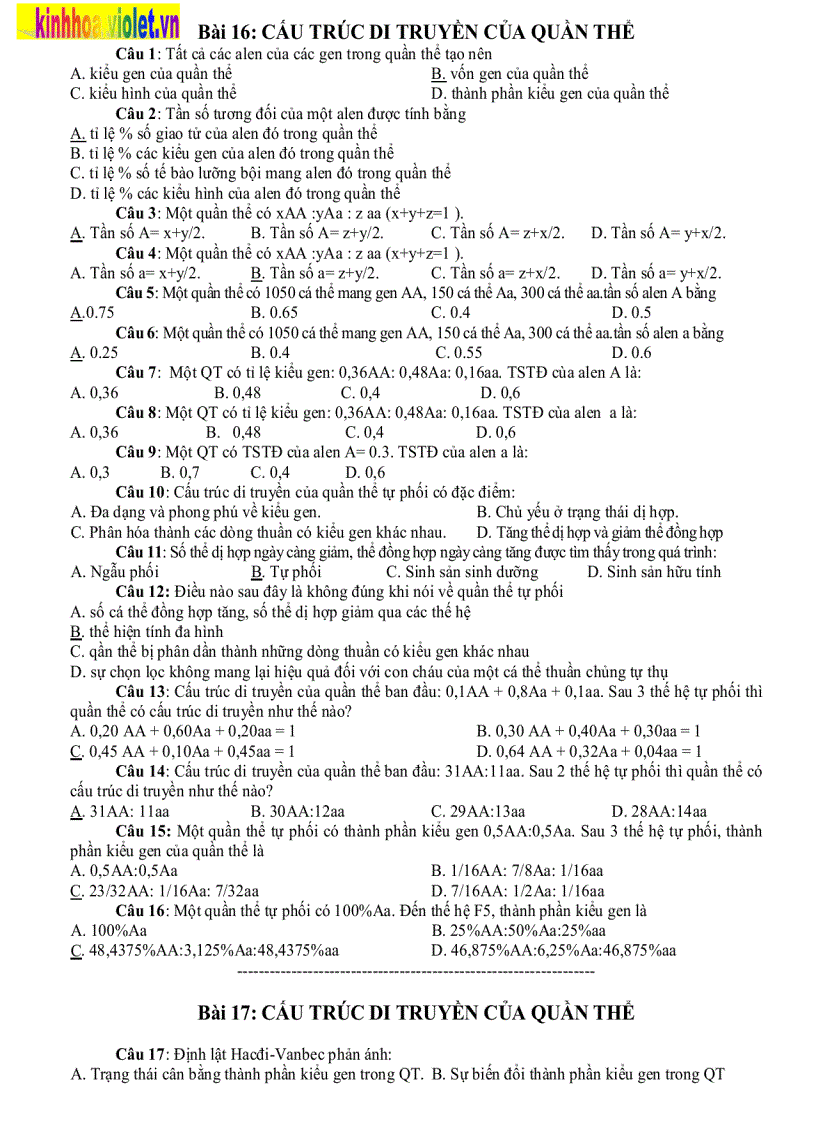 image for page Trắc nghiệm sinh học Di truyền Hay