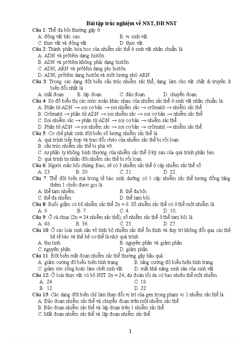 image for page Trắc nghiệm về NST ĐBNST chương trình 12 PB