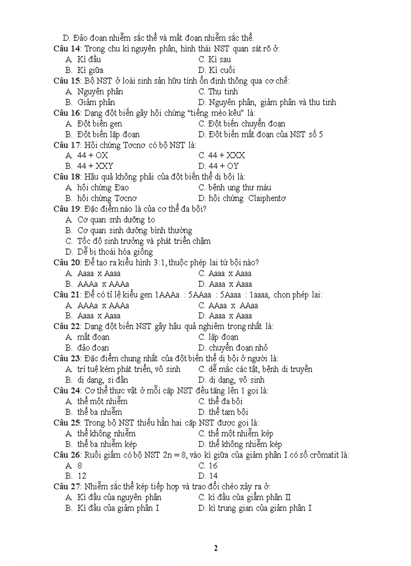 image for page Trắc nghiệm về NST ĐBNST chương trình 12 PB