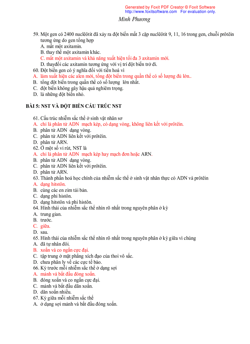 image for page Trắc nghiệm sinh học 12 theo bài 1