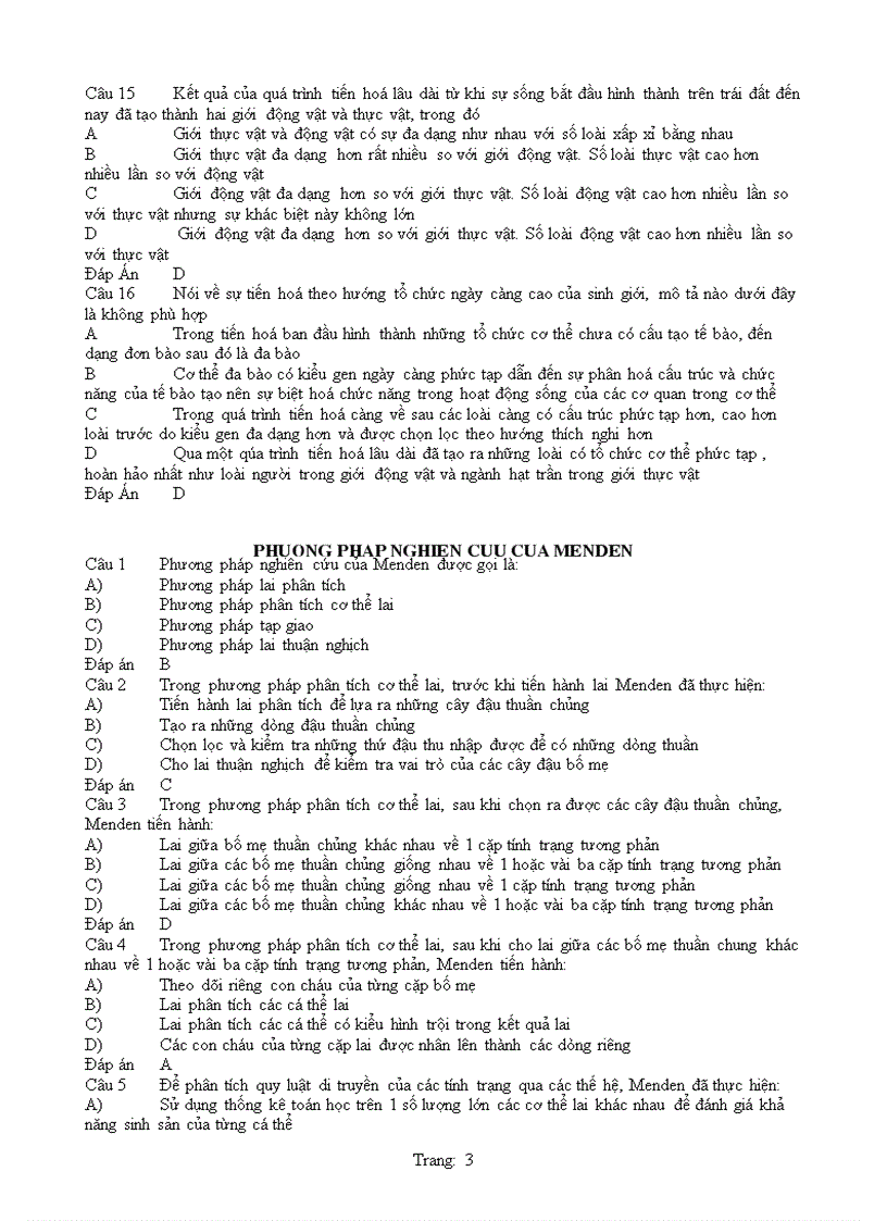 Tuyển tập các câu hỏi trắc nghiệm sinh phọc phần 3