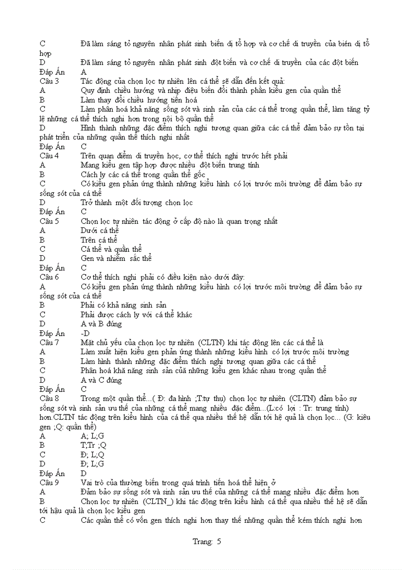 Tuyển tập các câu hỏi trắc nghiệm sinh phọc phần 3