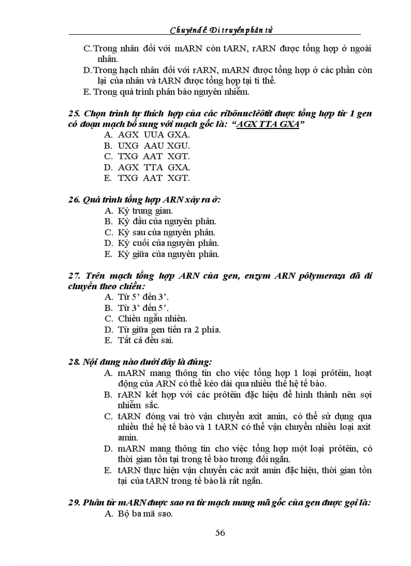 image for page Tuyển tập câu hỏi trắc nghiệm về phần SInh học phân tử