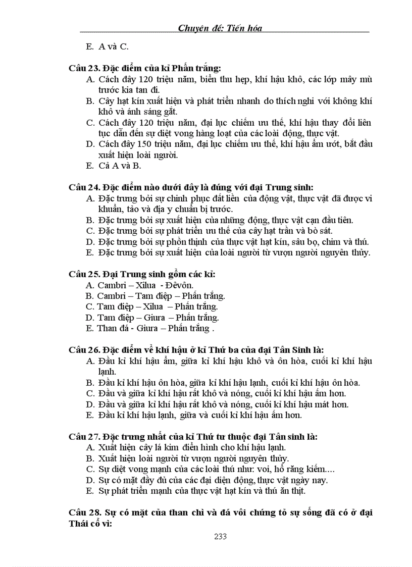 image for page Tuyển tập câu hỏi trắc nghiệm về phần Tiến hoá