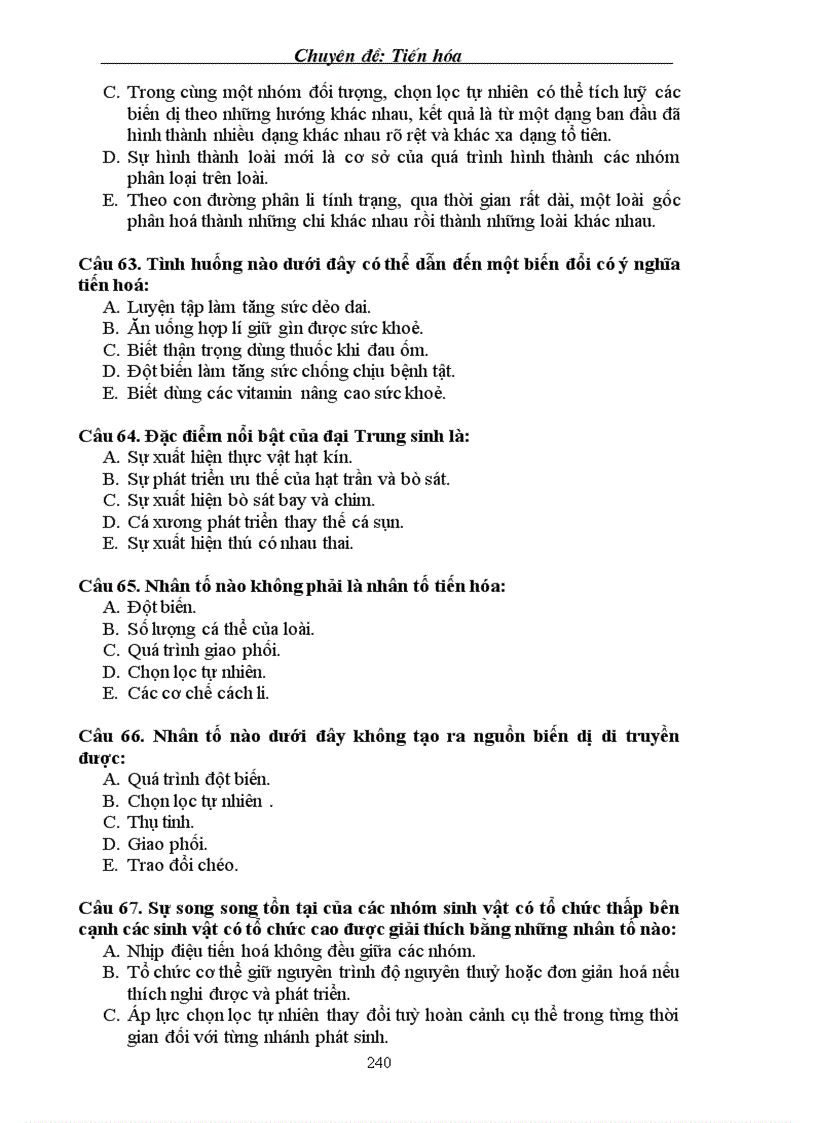 image for page Tuyển tập câu hỏi trắc nghiệm về phần Tiến hoá