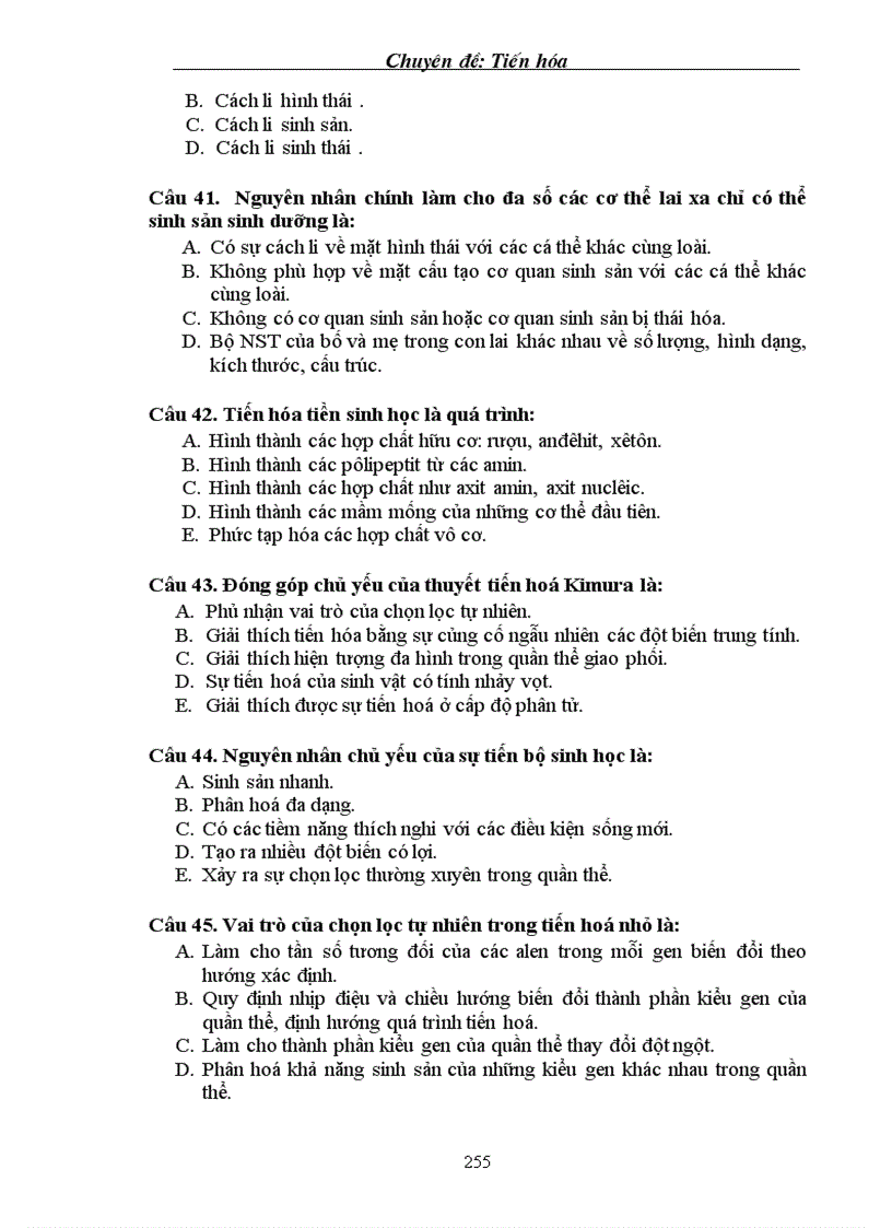 image for page Tuyển tập câu hỏi trắc nghiệm về phần Tiến hoá