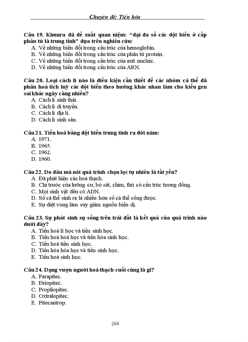 image for page Tuyển tập câu hỏi trắc nghiệm về phần Tiến hoá