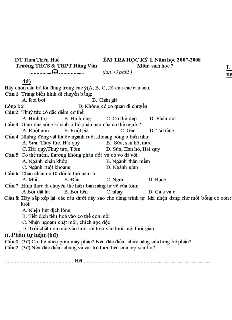 image for page Đề thi Đáp án thi HKI 2008 Khối 6 7 8 9