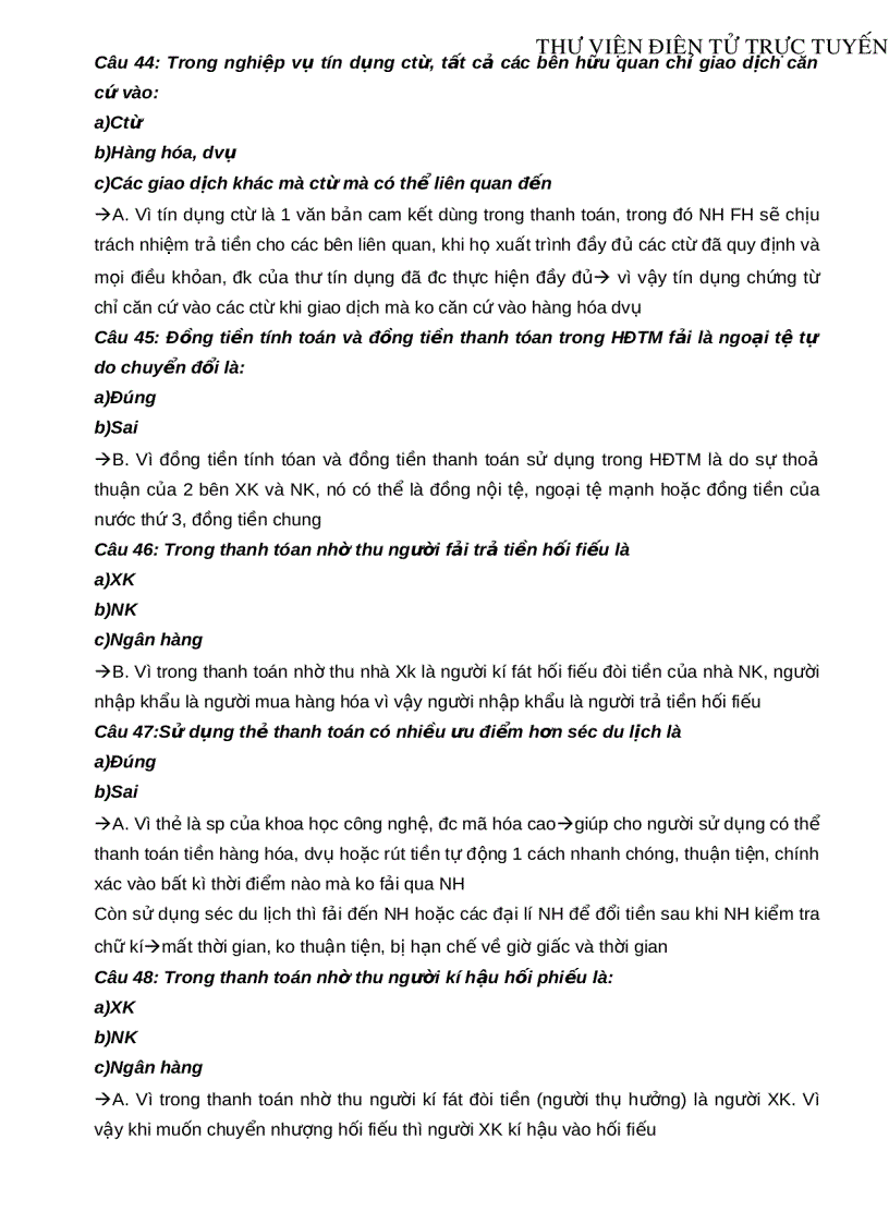 image for page 138 câu trắc nghiệm môn Thanh toán quốc tế Kèm lời giải