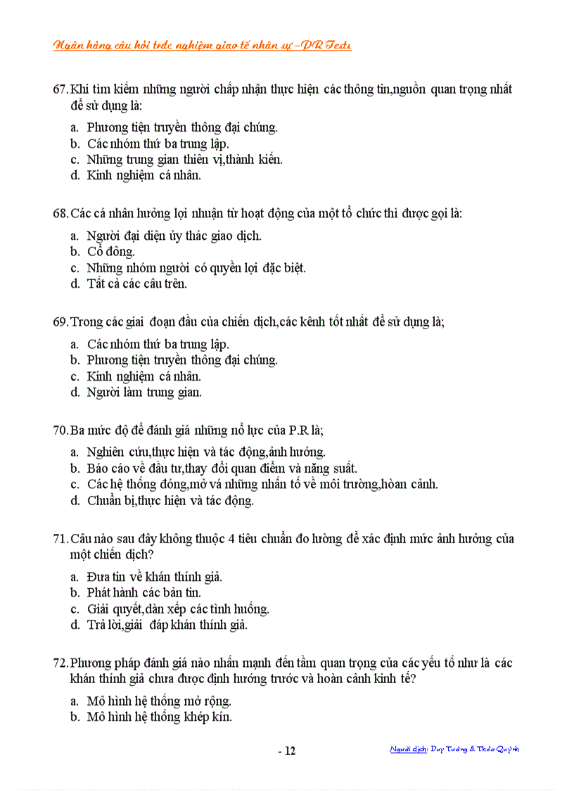 image for page NGân hàng trắc nghiệm câu hỏi về giao tiếp nhân sự Public Relations PR Tests