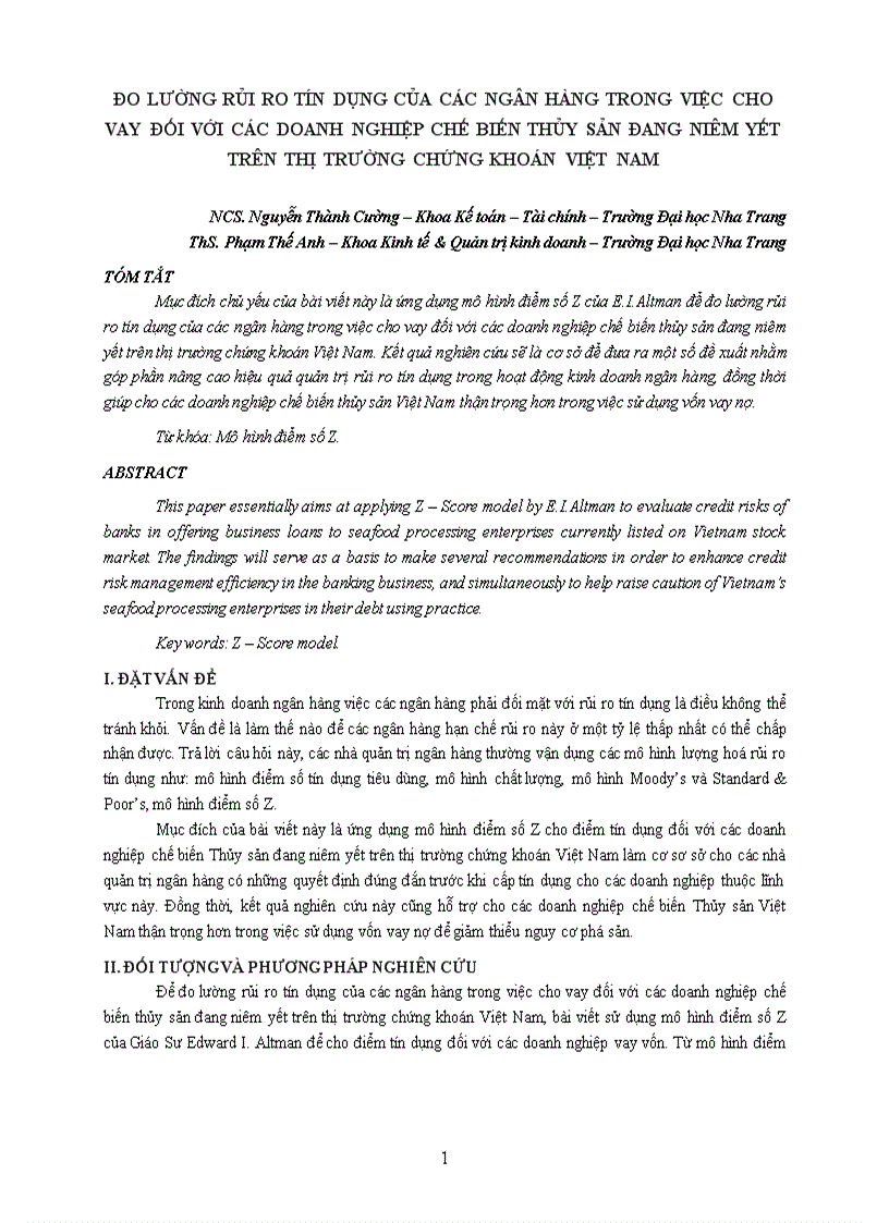 image for page ĐO lường rủi ro tín dụng bằng mô hình điểm số Z