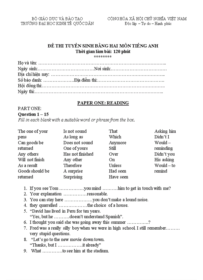 image for page Đề thi tuyển sinh văn bằng 2 môn tiếng anh vào trường ktqd đề số 2