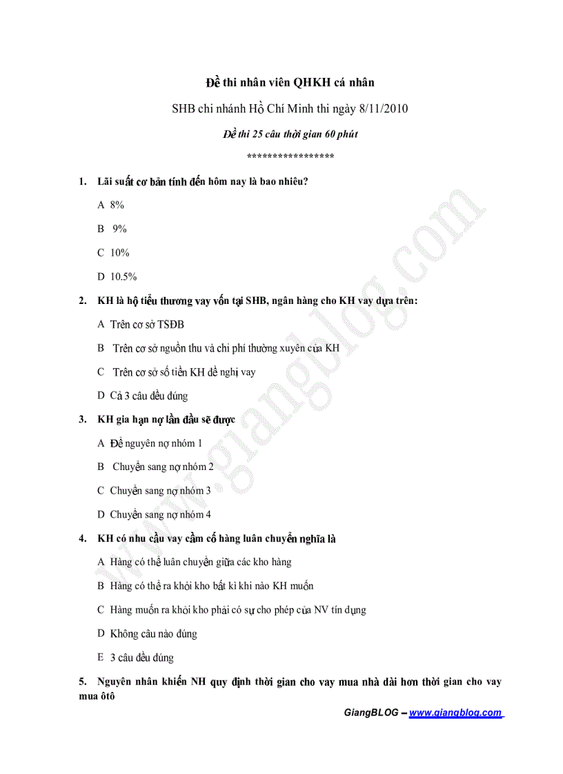 Đề thi CV QHKH cá nhân SHB Hồ Chí Minh 8 11 2010