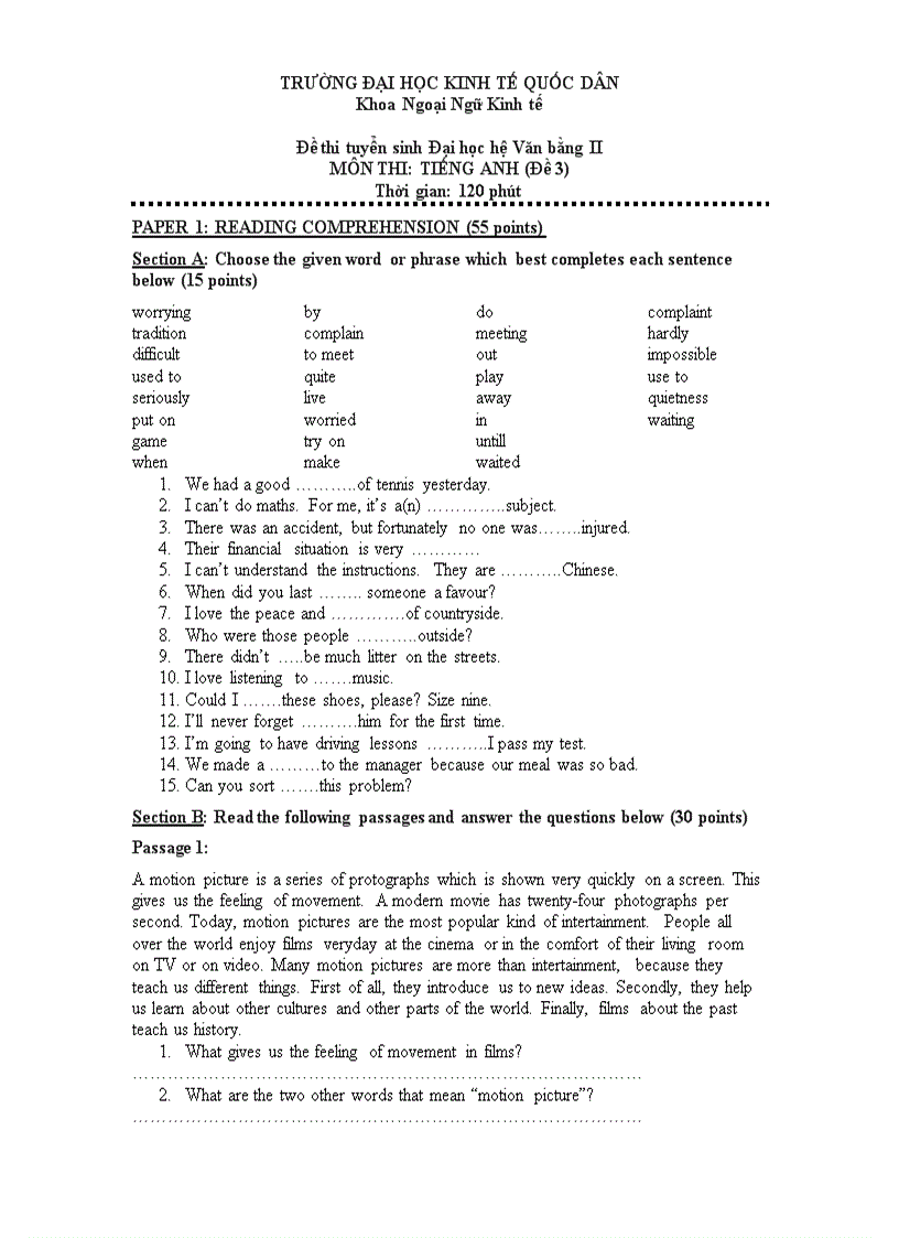 Đề thi tuyển sinh văn bằng 2 môn tiếng anh vào trường ktqd đề số 3