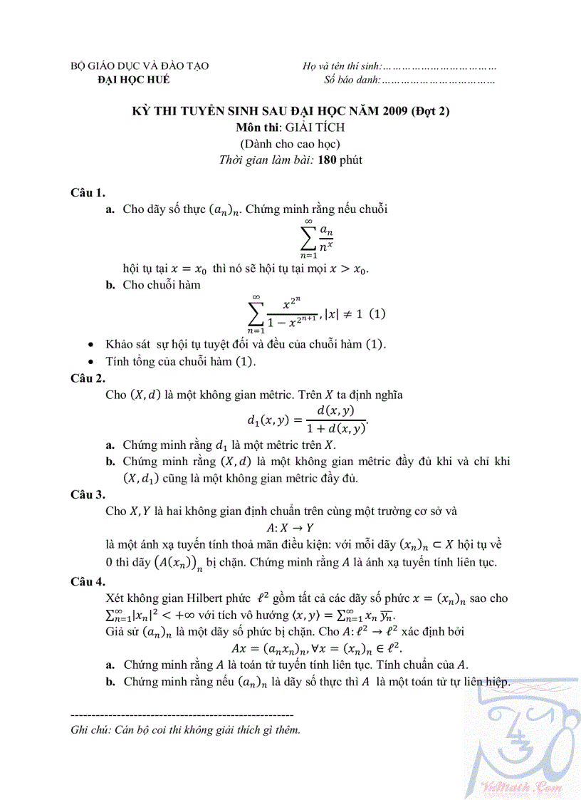 image for page Đề thi Cao học môn Toán giải tích Đại học Huế Có đáp án 2009