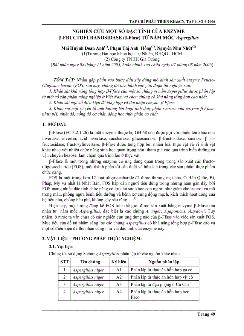 Nghiên cứu một số đặc tính của Emzyme β FRUCTOFURANOSIDASE β Ffase từ nấm mốc Aspergillus