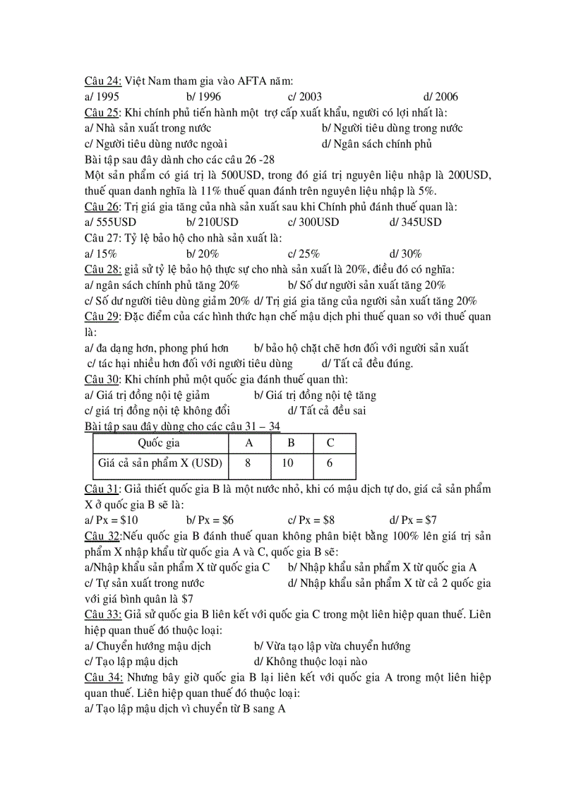 image for page Các câu hỏi trắc nghiệm môn Kinh Tế Quốc Tế
