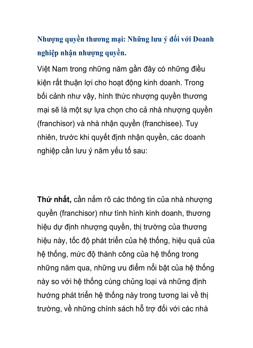image for page Nhượng quyền thương mại Những lưu ý đối với Doanh nghiệp nhận nhượng quyền