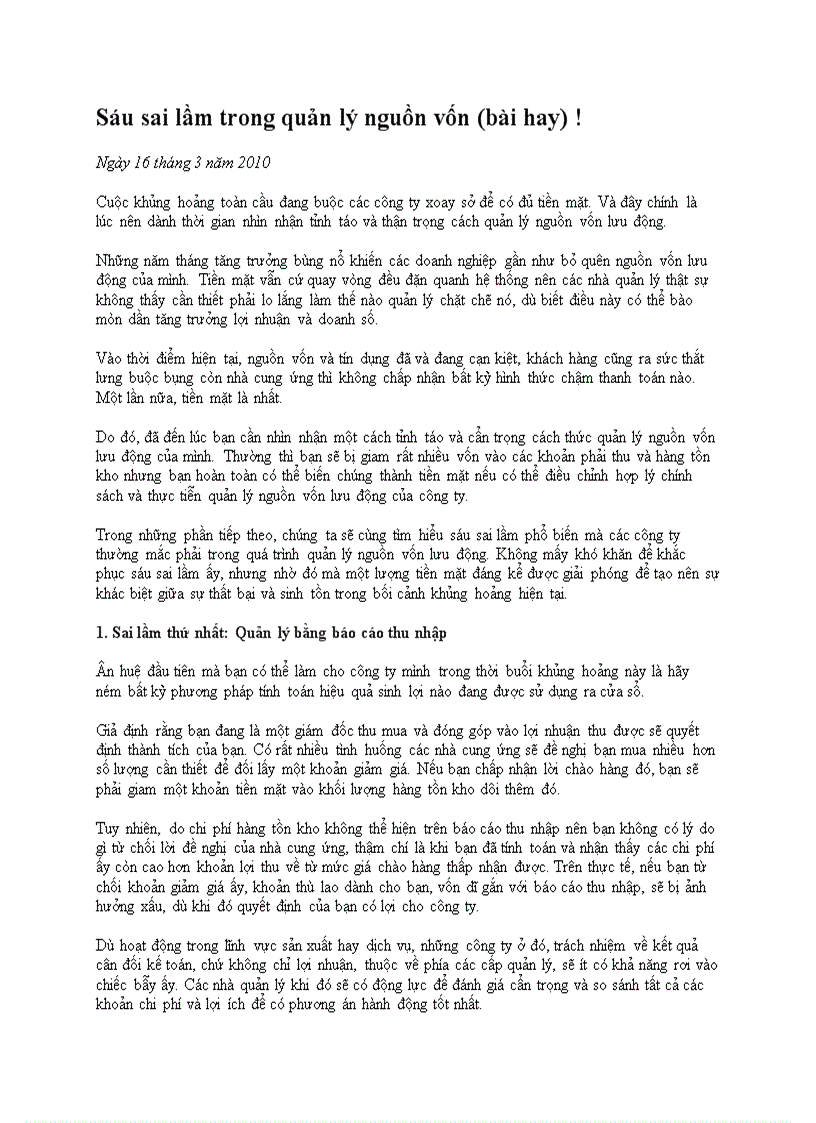 image for page Sáu sai lầm trong quản lý nguồn vốn