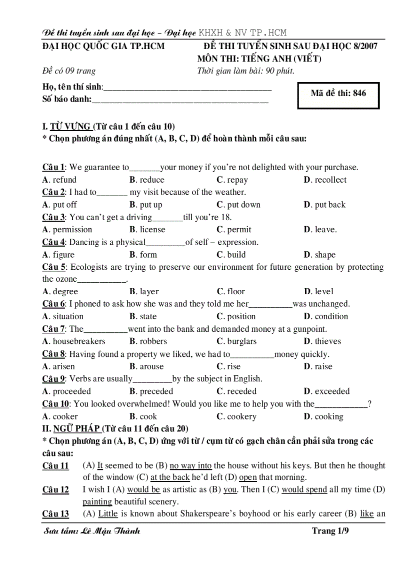 image for page Đề thi cao học tiếng Anh ĐH Quốc gia TP HCM