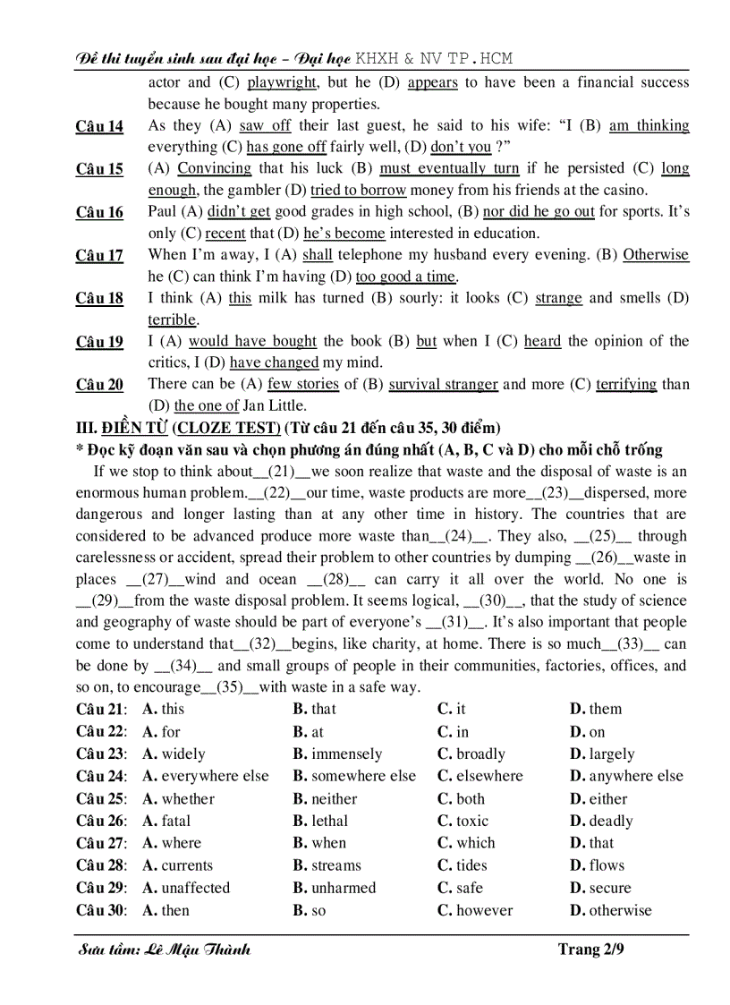 image for page Đề thi cao học tiếng Anh ĐH Quốc gia TP HCM