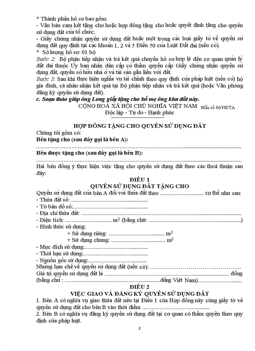 image for page BT học kỳ đất đai Ông Long có mảnh đất rộng 200m2 Năm 2004 ông Long biếu bố mẹ ông khu đất này để xây dựng nhà làm nơi thờ cúng tổ tiên