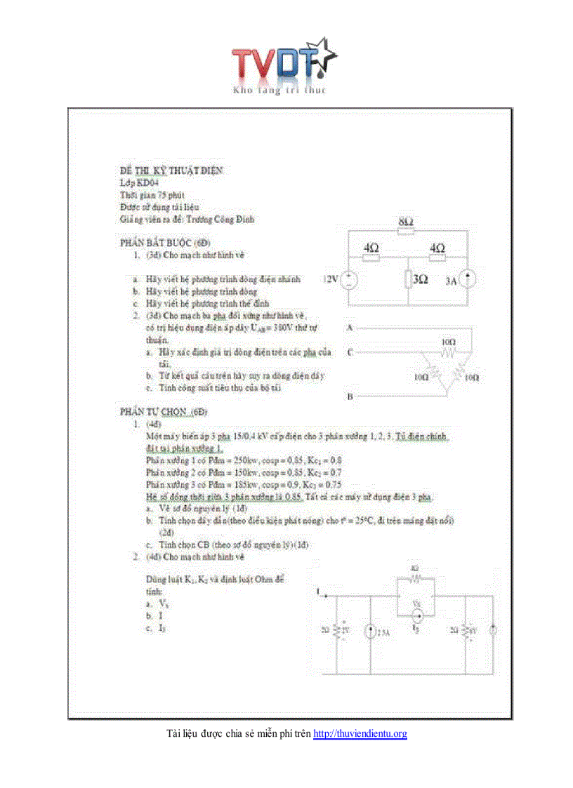 Đề thi kỹ thuật điện