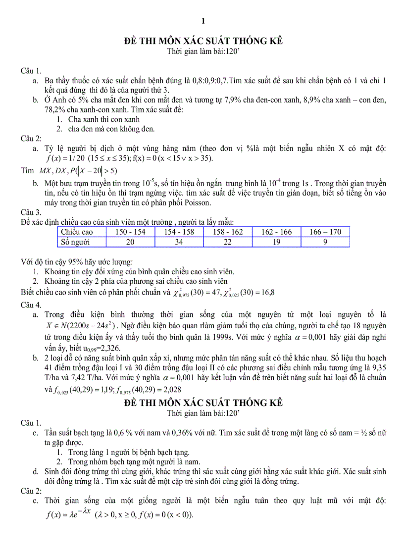 Bộ đề thi xác suất thống kê có cả lời giải