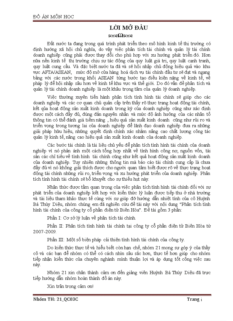 Đồ án Tài chính tín dụng phân tích tình hình tài chính của công ty cổ phần điện tử Biên Hòa