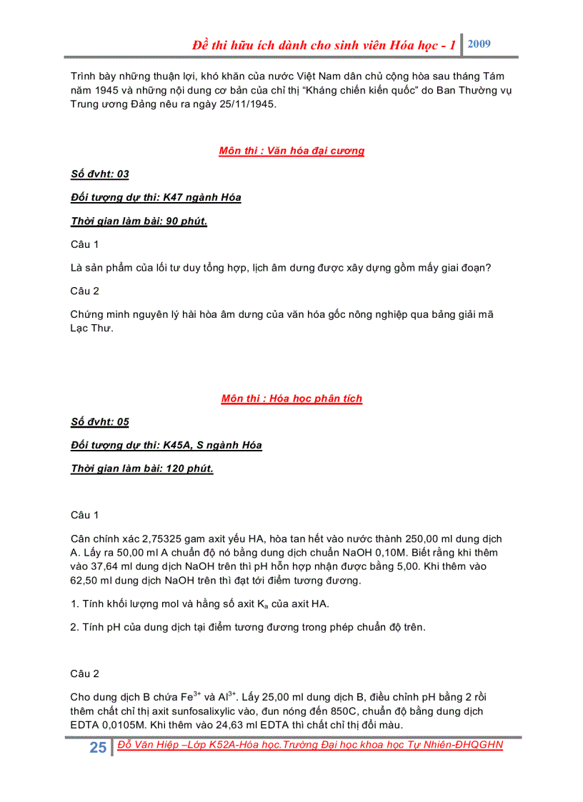 image for page Đề thi cuối kì cho sinh viên khoa hóa và bài tập hóa đại cươngi