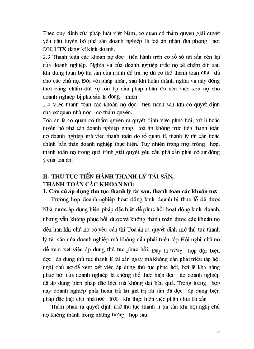 image for page Quy định pháp luật về thủ tục thanh lý tài sản thanh toán các khoản nợ của Doang nghiệp hợp tác xã lâm vào tình trạng phá sản và thực tiễn áp dụng thủ tục đó