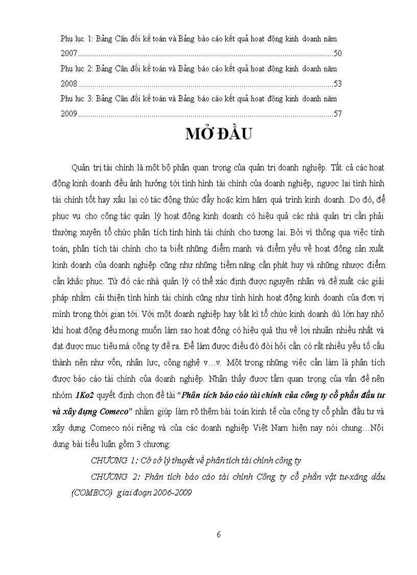 Phân tích báo cáo tài chính công ty cổ phần vật tư xăng dầu comeco giai đoạn 2006 2009