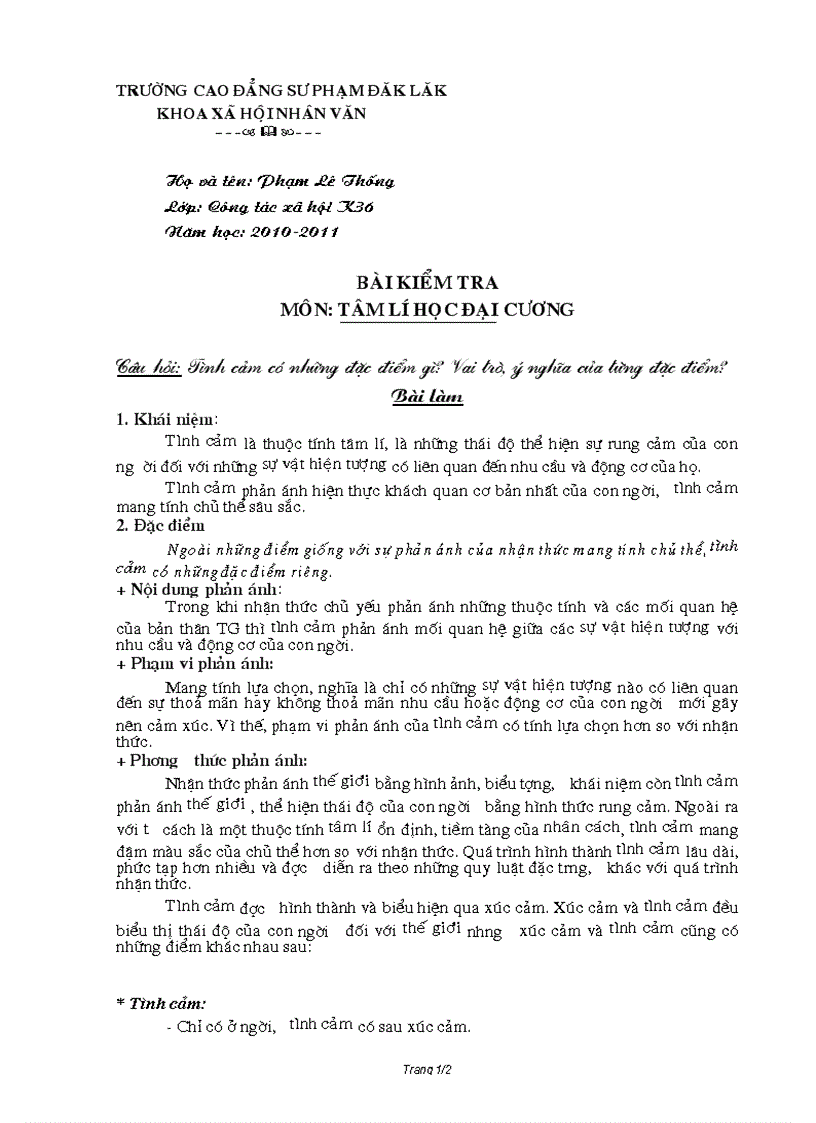 image for page Bài kiểm tra môn Tâm lí học đại cương Câu hỏi Tình cảm có những đặc điểm gì Vai trò ý nghĩa của từng đặc điểm