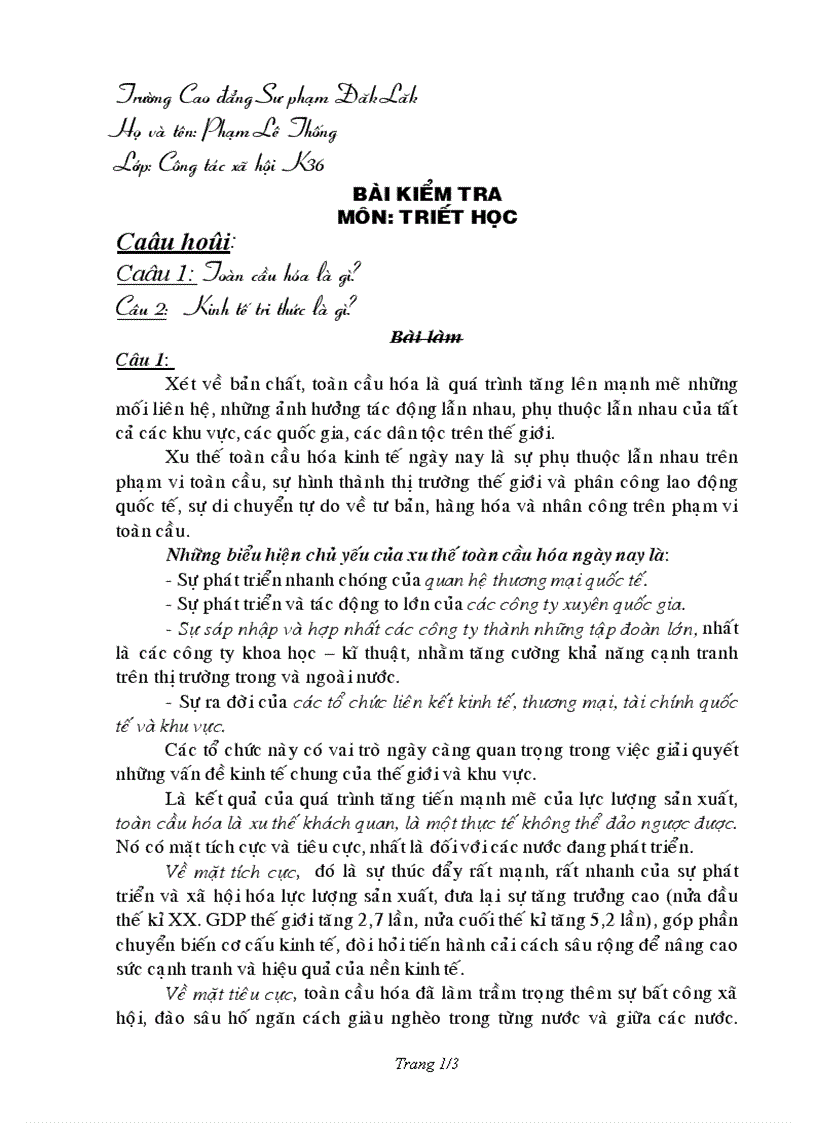 image for page BÀI KIỂM TRA MÔN TRIẾT HỌC Toàn cầu hóa là gì Kinh tế tri thức là gì