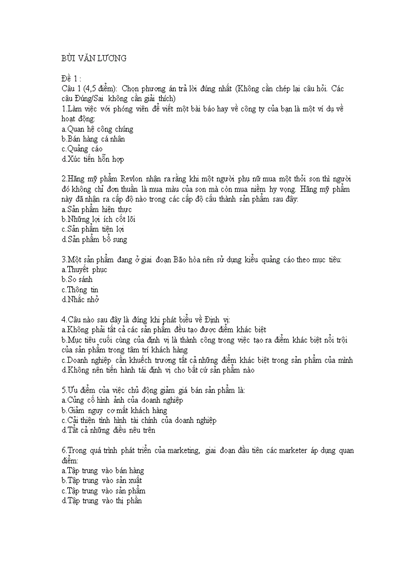 image for page Đề thi trắc nghiệm tự luận marketing căn bản