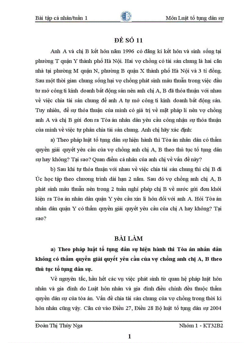 image for page Bài tập tố tụng dân sự Đề 11