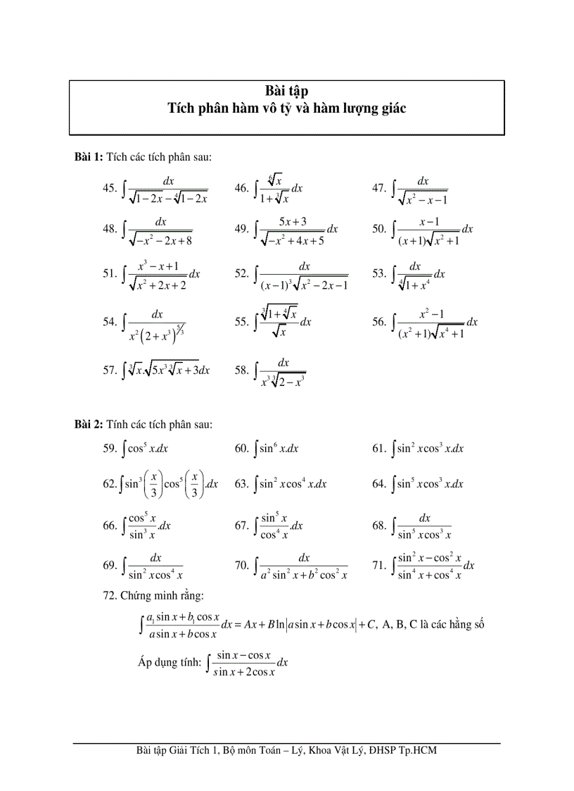 image for page Bài tập Tích phân hàm vô tỷ và hàm lượng giác