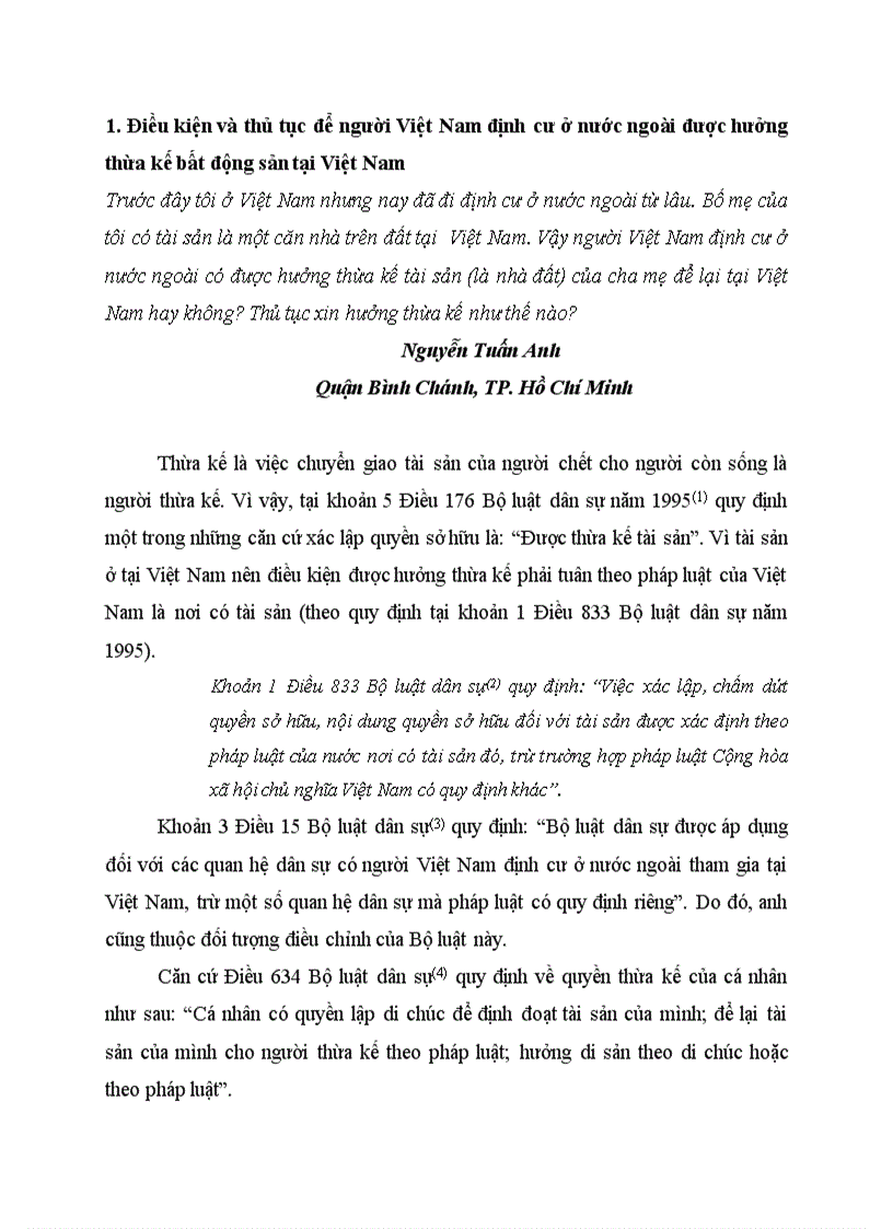 Tình huống và tư vấn PL về thừa kế nhà và quyền sử dụng đất TH1 Điều kiện và thủ tục để người Việt Nam định cư ở nước ngoài được hưởng thừa kế bất động sản tại VN