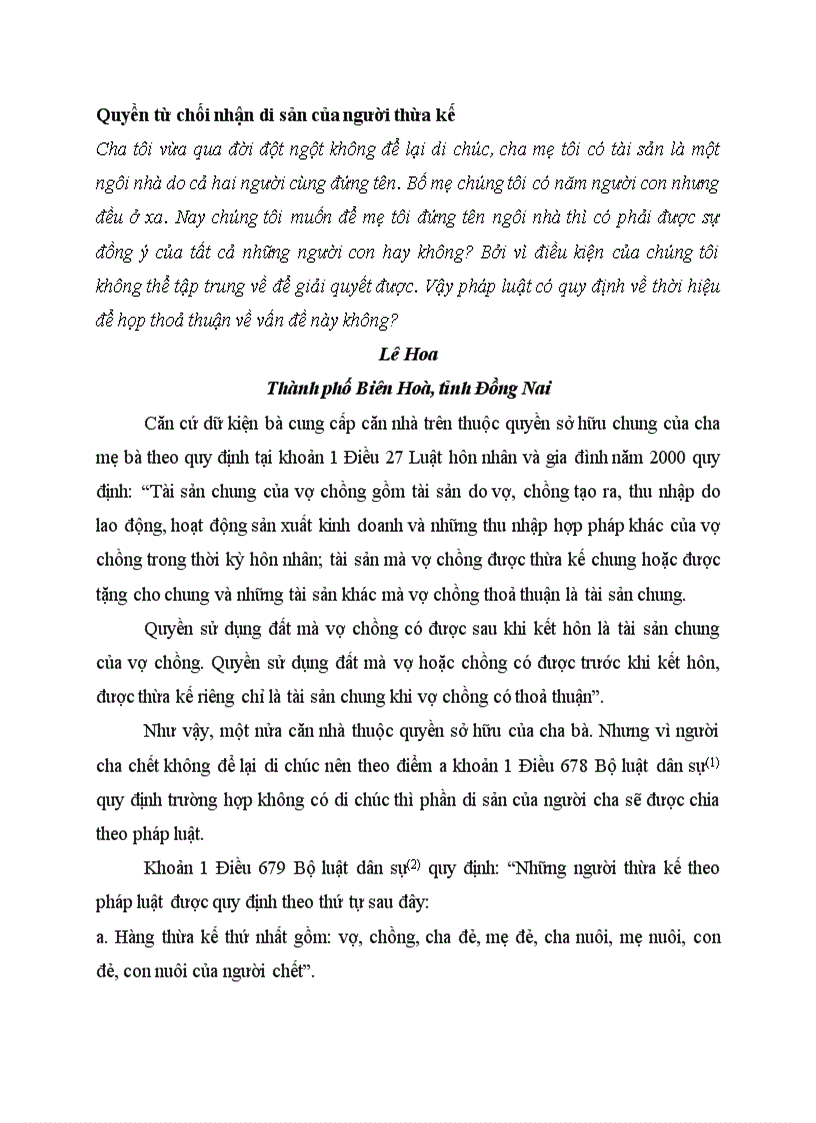 image for page Tình huống và tư vấn PL về thừa kế nhà và QSD đất TH6 Quyền từ chối nhận di sản của người thừa kế