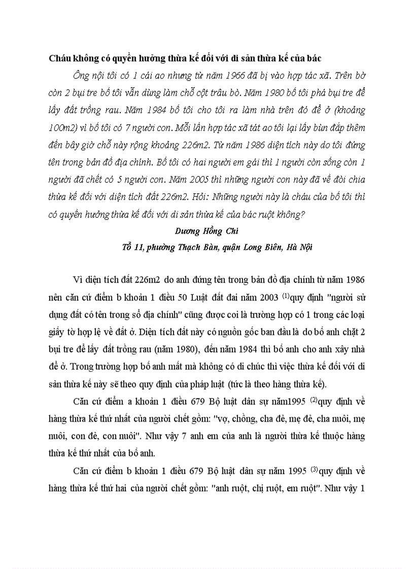 image for page Tình huống và tư vấn PL về thừa kế nhà và QSD đất TH14 Cháu không có quyền hưởng thừa kế đối với di sản thừa kế của bác